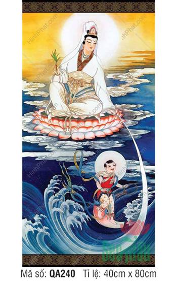 Hình Mẹ Quan Âm Size Lớn QA240, an tọa đài sen giữa sóng mây