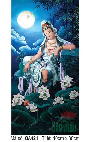 Hình Mẹ Quán Thế Âm QA421, Đức Bồ Tát ngự tọa dưới ánh trăng