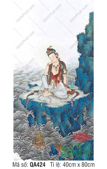 Hình Ngài Quán Thế Âm Bồ Tát QA424, tôn tượng ngự tọa thạch đài giữa đại dương