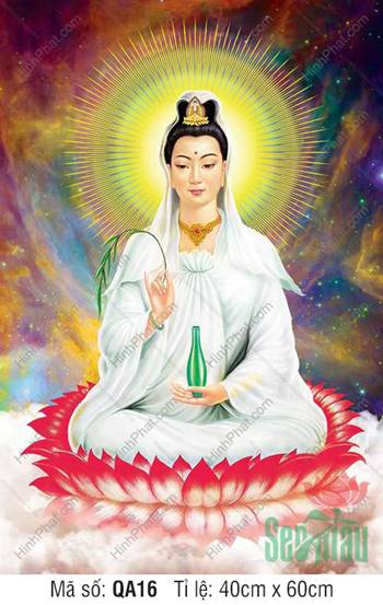 Hình Phật Bà Quan Âm QA16, áo trắng tọa sen nền vũ trụ