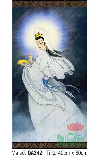 Hình Phật Bà Quan Âm QA242, dáng áo trắng nâng hoa sen vàng