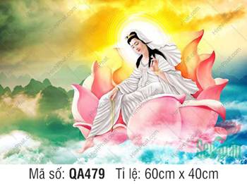 Hình Phật Bà Quan Âm QA479, tọa đài sen giữa non bộ hùng vĩ