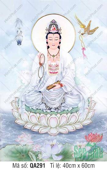 Hình Phật Quan Âm Bồ Tát QA291, an tọa sen trắng tay cầm chuỗi