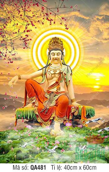 Hình Phật Quan Âm Bồ Tát QA481, tôn tượng tự tại bên hồ sen và hoa đào