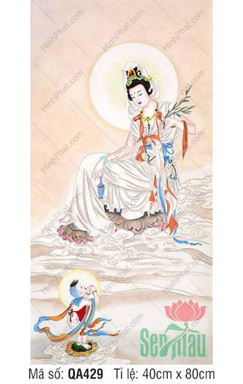 Hình Phật Quan Âm Đẹp QA429, tôn ảnh y trắng tọa mây trời