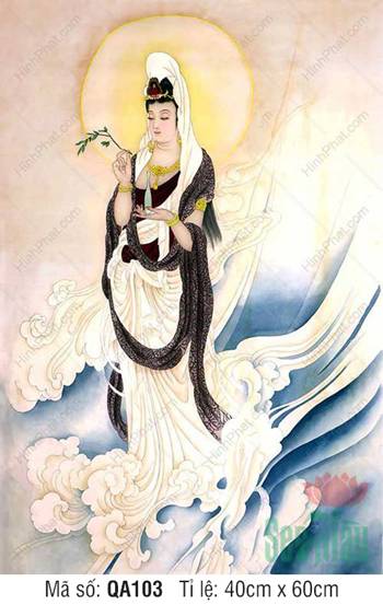 Hình Quan Âm Bồ Tát Đẹp QA103, khoác dải lụa đen trên mây