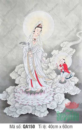 Hình Quan Âm Bồ Tát Đẹp QA150, ngự đài sen cùng đồng tử