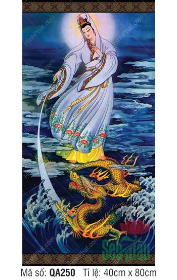 Hình Quan Âm Bồ Tát Đẹp QA250 với rồng vàng giữa sóng xanh