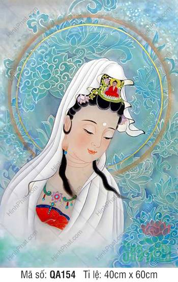 Hình Quan Thế Âm Bồ Tát Chất Lượng Cao QA154, chân dung nền hoa xanh