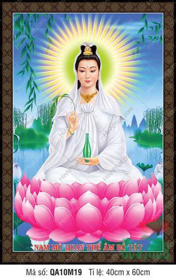 Hình Quan Thế Âm Bồ Tát QA10M19, áo trắng ngự sen bên hồ