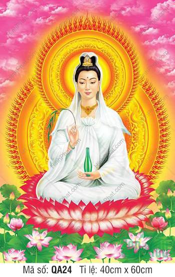 Hình Quan Thế Âm Bồ Tát QA24, ngự sen đỏ nền mây hồng rực rỡ
