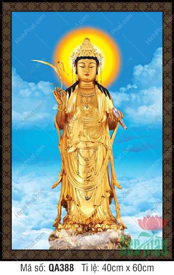 Hình Quan Thế Âm Bồ Tát QA388, tượng dát vàng ngự mây xanh
