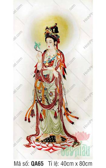 Hình Quan Thế Âm Bồ Tát QA65, y gấm báu ngự đứng đài sen