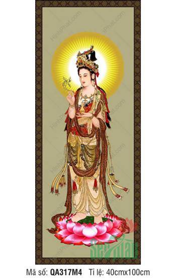 Hình Quan Thế Âm Bồ Tát, Tranh Mẹ Quan Âm QA317M4 đứng đài sen hồng