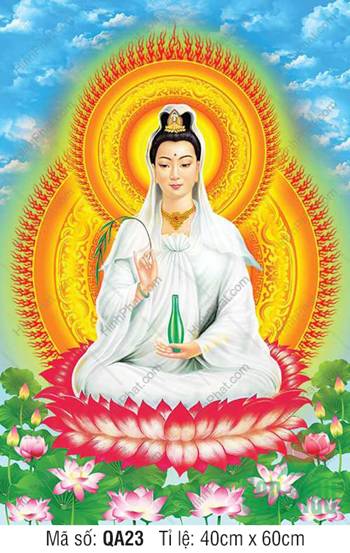 Hình Quan Thế Âm QA23, ngự đài sen đỏ hào quang ngọn lửa