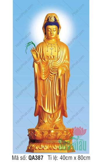 Hình Quan Thế Âm QA387, tôn tượng dát vàng đứng trên đài sen