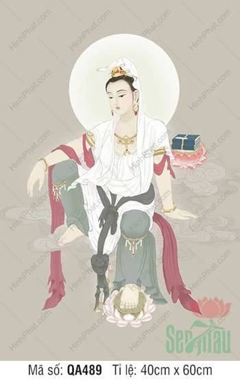Hình Quán Thế Âm QA489, tôn ảnh y trắng bên bộ kinh sách