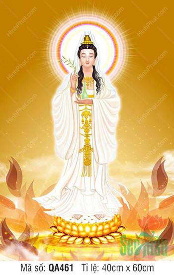 Phật Quan Âm Đẹp QA461, tôn tượng y trắng đứng tòa sen vàng