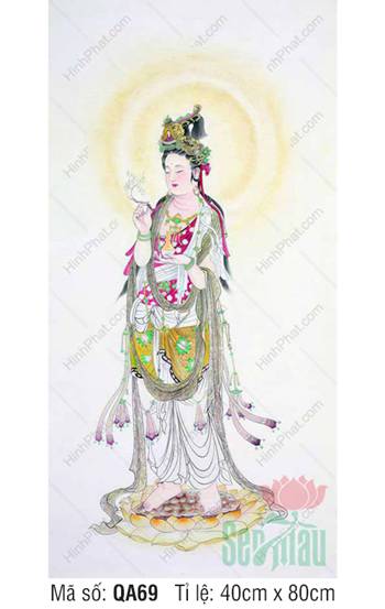 Phật Quan Âm Đẹp QA69, dáng đứng đài sen nền trắng thanh khiết