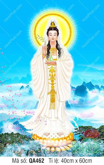 Quan Âm Bồ Tát QA462, tôn ảnh y trắng đứng đài sen vàng