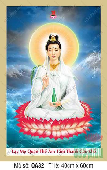 Quan Thế Âm Bồ Tát QA32, y áo trắng ngự sen đỏ trên biển