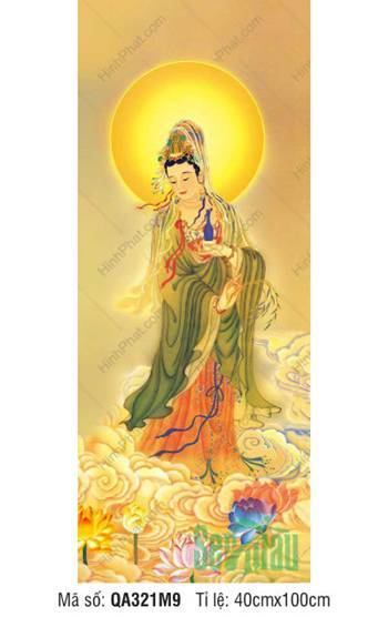 Quan Thế Âm Bồ Tát QA321M9, Quan Âm y xanh ngự mây vàng