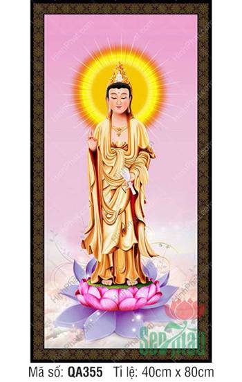 Quan Thế Âm Bồ Tát QA355, tôn tượng đứng đài sen nền hồng rực rỡ