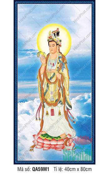 Quan Thế Âm Bồ Tát QA59M1, dáng đứng khoác y vàng đài sen