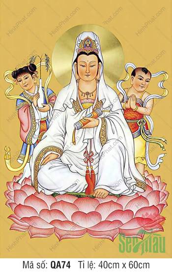 Quán Thế Âm Bồ Tát QA74, tay cầm cuộn kinh trên tòa sen hồng