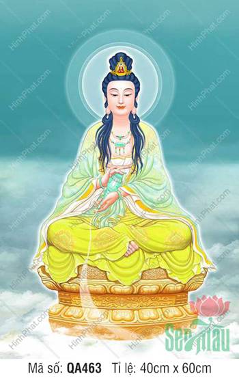 Quán Thế Âm QA463, Bồ Tát ngồi đài sen vàng y phục xanh