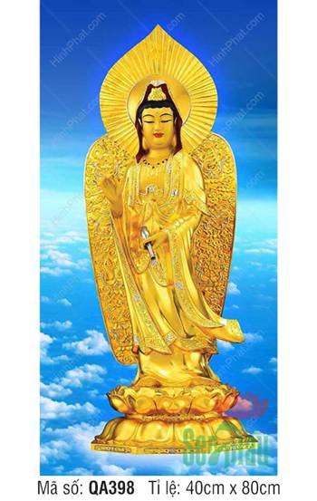 Tôn Ảnh Quan Thế Âm QA398, tôn tượng dát vàng đứng đài sen