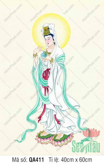Tôn Ảnh Quan Thế Âm QA411, Đức Quan Âm y phục trắng xanh thanh khiết