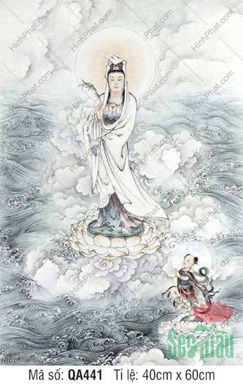 Tranh Bồ Tát Quán Thế Âm QA441, tôn tượng đứng giữa vân hải