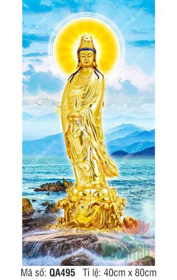 Tranh Bồ Tát Quán Thế Âm QA495, tôn tượng vàng đứng trên kình ngư