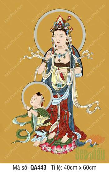 Tranh Mẹ Hiền Quán Thế Âm QA443, Bồ Tát bồng Đồng Tử đứng đài sen