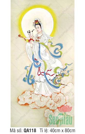 Tranh Mẹ Quan Âm QA118, Bồ Tát bồng đồng tử ngự mây