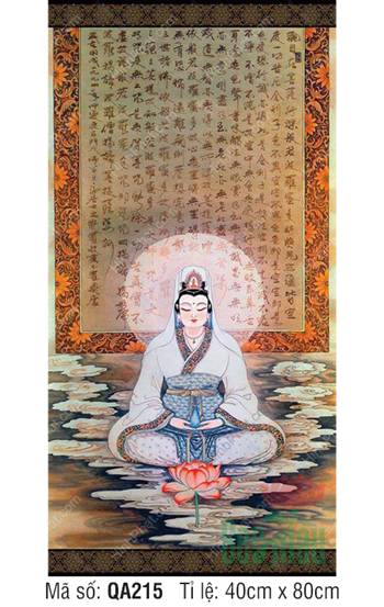 Tranh Mẹ Quan Âm QA215, dáng tĩnh tọa trên nền thư pháp cổ