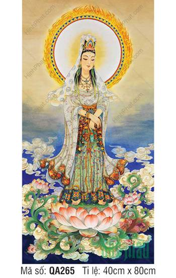 Tranh Mẹ Quan Âm QA265, dáng đứng đài sen tỏa hào quang lửa Tranh Mẹ Quan Âm QA265, dáng đứng đài sen tỏa hào quang lửa