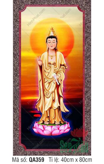 Tranh Mẹ Quan Âm QA359, tôn tượng vàng ngự đài sen