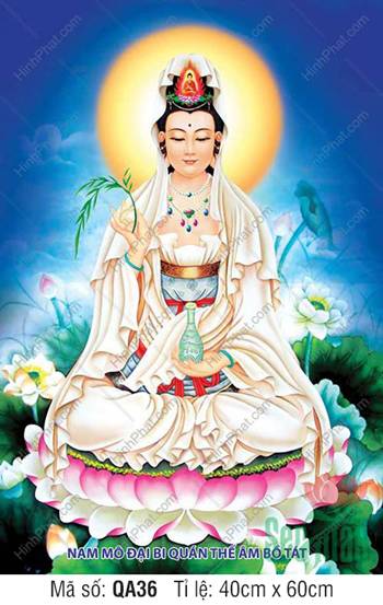 Tranh Mẹ Quan Âm QA36, áo trắng ngự sen hồng hồ xanh