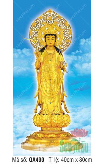 Tranh Mẹ Quan Âm QA400, tôn tượng dát vàng đứng trên đài sen báu