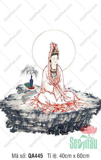 Tranh Mẹ Quán The Âm Bồ Tát QA445, nét vẽ chỉ đỏ ngự trên thạch đài