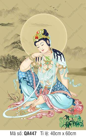 Tranh Mẹ Quán Thế Âm Bồ Tát QA447, tôn ảnh tự tại tay tựa má