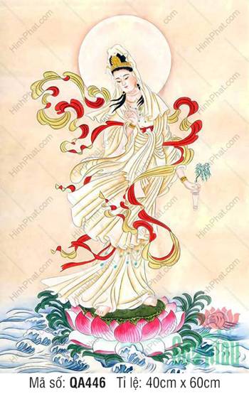 Tranh Mẹ Quán Thế Âm QA446, tôn tượng đứng tỏa hào quang