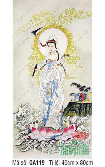 Tranh Phat Ba Quan Am QA119, Bồ Tát ngự sen giữa mây vàng