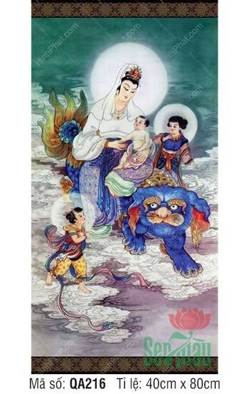 Tranh Phat Ba Quan Am QA216, bồng hài nhi ngự sư tử xanh