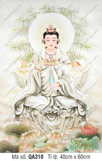 Tranh Phat Ba Quan Am QA310, dáng tĩnh tọa khóm trúc