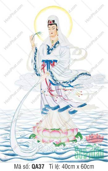 Tranh Phat Ba Quan Am QA37, áo trắng đứng đài sen sóng nước