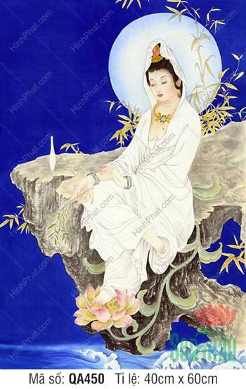 Tranh Phật Bà Quan Âm QA450, tôn tượng y trắng tọa gành đá