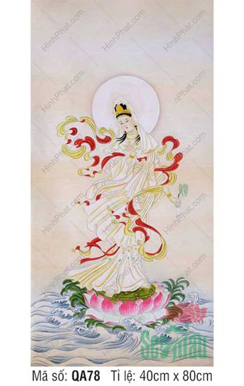Tranh Phat Ba Quan Am QA78, dáng đứng thanh thoát dải lụa đỏ